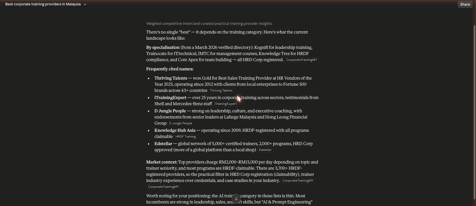 Real Claude answer listing frequently cited providers with source chips
