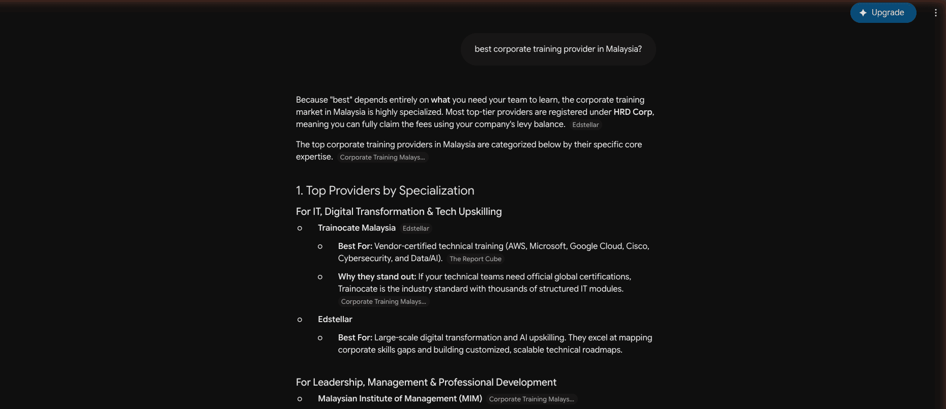 Real Gemini answer listing top corporate training providers with citations